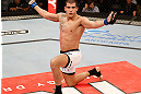 FORTALEZA, BRAZIL - JUNE 08:  Felipe Arantes reacts after knocking out Godofredo "Pepey" Castro in their featherweight fight during the UFC on FUEL TV event at Paulo Sarasate Arena on June 8, 2013 in Fortaleza, Ceara, Brazil.  (Photo by Josh Hedges/Zuffa LLC/Zuffa LLC via Getty Images)