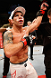 FORTALEZA, BRAZIL - JUNE 08:  Raphael Assuncao reacts after his submission victory over Vaughan Lee in their bantamweight fight during the UFC on FUEL TV event at Paulo Sarasate Arena on June 8, 2013 in Fortaleza, Ceara, Brazil.  (Photo by Josh Hedges/Zuffa LLC/Zuffa LLC via Getty Images)