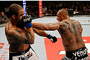 FORTALEZA, BRAZIL - JUNE 08:  (R-L) Thiago Silva punches Rafael "Feijao" Cavalcante in their light heavyweight fight during the UFC on FUEL TV event at Paulo Sarasate Arena on June 8, 2013 in Fortaleza, Ceara, Brazil.  (Photo by Josh Hedges/Zuffa LLC/Zuffa LLC via Getty Images)