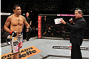 FORTALEZA, BRAZIL - JUNE 08:  Antonio Rodrigo "Minotauro" Nogueira (L) is introduced by Bruce Buffer before his heavyweight fight against Fabricio Werdum during the UFC on FUEL TV event at Paulo Sarasate Arena on June 8, 2013 in Fortaleza, Ceara, Brazil.  (Photo by Josh Hedges/Zuffa LLC/Zuffa LLC via Getty Images)