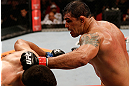FORTALEZA, BRAZIL - JUNE 08:  (R-L) Antonio Rodrigo "Minotauro" Nogueira punches Fabricio Werdum in their heavyweight fight during the UFC on FUEL TV event at Paulo Sarasate Arena on June 8, 2013 in Fortaleza, Ceara, Brazil.  (Photo by Josh Hedges/Zuffa LLC/Zuffa LLC via Getty Images)