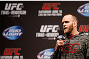 WINNIPEG, CANADA - JUNE 14:  T.J. Grant interacts with fans during a Q&A session before the UFC 161 weigh-in at the MTS Centre on June 14, 2013 in Winnipeg, Manitoba, Canada.  (Photo by Josh Hedges/Zuffa LLC/Zuffa LLC via Getty Images)