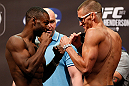 WINNIPEG, CANADA - JUNE 14:  (L-R) Opponents Yves Jabouin and Dustin Pague face off during the UFC 161 weigh-in at the MTS Centre on June 14, 2013 in Winnipeg, Manitoba, Canada.  (Photo by Josh Hedges/Zuffa LLC/Zuffa LLC via Getty Images)