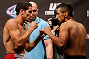 WINNIPEG, CANADA - JUNE 14:  (L-R) Opponents Roland Delorme and Edwin Figueroa face off during the UFC 161 weigh-in at the MTS Centre on June 14, 2013 in Winnipeg, Manitoba, Canada.  (Photo by Josh Hedges/Zuffa LLC/Zuffa LLC via Getty Images)