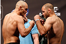 WINNIPEG, CANADA - JUNE 14:  (L-R) Opponents Sean Pierson and Kenny Robertson face off during the UFC 161 weigh-in at the MTS Centre on June 14, 2013 in Winnipeg, Manitoba, Canada.  (Photo by Josh Hedges/Zuffa LLC/Zuffa LLC via Getty Images)