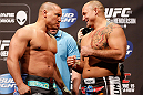 WINNIPEG, CANADA - JUNE 14:  (L-R) Opponents Pat Barry and Shawn Jordan face off during the UFC 161 weigh-in at the MTS Centre on June 14, 2013 in Winnipeg, Manitoba, Canada.  (Photo by Josh Hedges/Zuffa LLC/Zuffa LLC via Getty Images)