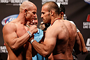 WINNIPEG, CANADA - JUNE 14:  (L-R) Opponents Ryan Jimmo and Igor Pokrajac face off during the UFC 161 weigh-in at the MTS Centre on June 14, 2013 in Winnipeg, Manitoba, Canada.  (Photo by Josh Hedges/Zuffa LLC/Zuffa LLC via Getty Images)