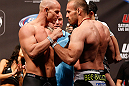 WINNIPEG, CANADA - JUNE 14:  (L-R) Opponents Ryan Jimmo and Igor Pokrajac face off during the UFC 161 weigh-in at the MTS Centre on June 14, 2013 in Winnipeg, Manitoba, Canada.  (Photo by Josh Hedges/Zuffa LLC/Zuffa LLC via Getty Images)