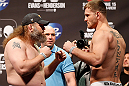 WINNIPEG, CANADA - JUNE 14:  (L-R) Opponents "Big Country" Roy Nelson and Stipe Miocic face off during the UFC 161 weigh-in at the MTS Centre on June 14, 2013 in Winnipeg, Manitoba, Canada.  (Photo by Josh Hedges/Zuffa LLC/Zuffa LLC via Getty Images)
