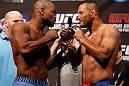WINNIPEG, CANADA - JUNE 14:  (L-R) Opponents Rashad Evans and Dan Henderson face off during the UFC 161 weigh-in at the MTS Centre on June 14, 2013 in Winnipeg, Manitoba, Canada.  (Photo by Josh Hedges/Zuffa LLC/Zuffa LLC via Getty Images)