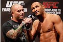 WINNIPEG, CANADA - JUNE 14:  (R-L) Dan Henderson is interviewed by Joe Rogan during the UFC 161 weigh-in at the MTS Centre on June 14, 2013 in Winnipeg, Manitoba, Canada.  (Photo by Josh Hedges/Zuffa LLC/Zuffa LLC via Getty Images)