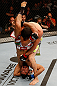 WINNIPEG, CANADA - JUNE 15:  Edwin Figueroa (bottom) attempts to secure a triangle choke submission against Roland Delorme in their bantamweight fight during the UFC 161 event at the MTS Centre on June 15, 2013 in Winnipeg, Manitoba, Canada.  (Photo by Josh Hedges/Zuffa LLC/Zuffa LLC via Getty Images)