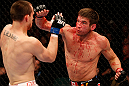 WINNIPEG, CANADA - JUNE 15:  (R-L) Sam Stout punches James Krause in their lightweight fight during the UFC 161 event at the MTS Centre on June 15, 2013 in Winnipeg, Manitoba, Canada.  (Photo by Josh Hedges/Zuffa LLC/Zuffa LLC via Getty Images)