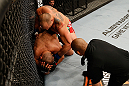 WINNIPEG, CANADA - JUNE 15:  (R-L) Shawn Jordan punches Pat Barry in their heavyweight fight during the UFC 161 event at the MTS Centre on June 15, 2013 in Winnipeg, Manitoba, Canada.  (Photo by Josh Hedges/Zuffa LLC/Zuffa LLC via Getty Images)