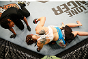 WINNIPEG, CANADA - JUNE 15:  Alexis Davis punches down at Rosi Sexton in their bantamweight fight during the UFC 161 event at the MTS Centre on June 15, 2013 in Winnipeg, Manitoba, Canada.  (Photo by Josh Hedges/Zuffa LLC/Zuffa LLC via Getty Images)