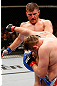 WINNIPEG, CANADA - JUNE 15:  (L-R) Stipe Miocic knees Roy Nelson in their heavyweight fight during the UFC 161 event at the MTS Centre on June 15, 2013 in Winnipeg, Manitoba, Canada.  (Photo by Josh Hedges/Zuffa LLC/Zuffa LLC via Getty Images)