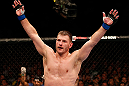 WINNIPEG, CANADA - JUNE 15:  Stipe Miocic reacts after his victory over Roy Nelson in their heavyweight fight during the UFC 161 event at the MTS Centre on June 15, 2013 in Winnipeg, Manitoba, Canada.  (Photo by Josh Hedges/Zuffa LLC/Zuffa LLC via Getty Images)