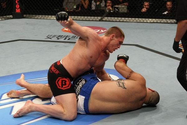 Todd Duffee (Black tight shorts) def. Tim Hague (blue/white shorts) - KO - :07 round 1 at the Rose Garden on August 29, 2009 in Portland, Oregon. (Photo by Josh Hedges/Zuffa LLC)