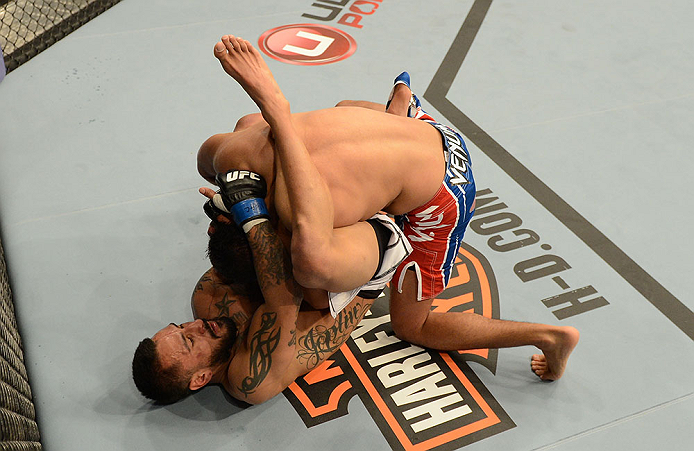 LAS VEGAS, NV - FEBRUARY 02: Francisco Rivera (bottom) attempts to submit Edwin Figueroa during their bantamweight fight at UFC 156 on February 2, 2013 at the Mandalay Bay Events Center in Las Vegas, Nevada. (Photo by Donald Miralle/Zuffa LLC/Zuffa LLC via Getty Images) *** Local Caption *** Francisco Rivera; Edwin Figueroa