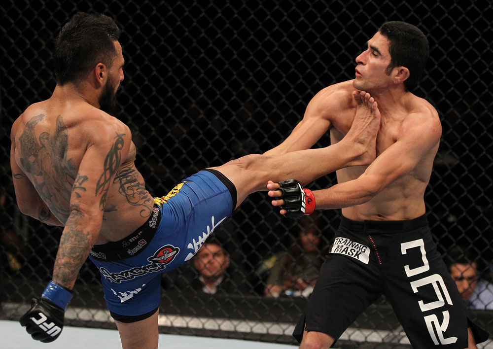 FAIRFAX, VA - MAY 15:  (L-R) Francisco Rivera kicks Alex Soto in a bantamweight bout during the UFC on Fuel TV event at Patriot Center on May 15, 2012 in Fairfax, Virginia.  (Photo by Josh Hedges/Zuffa LLC/Zuffa LLC via Getty Images)