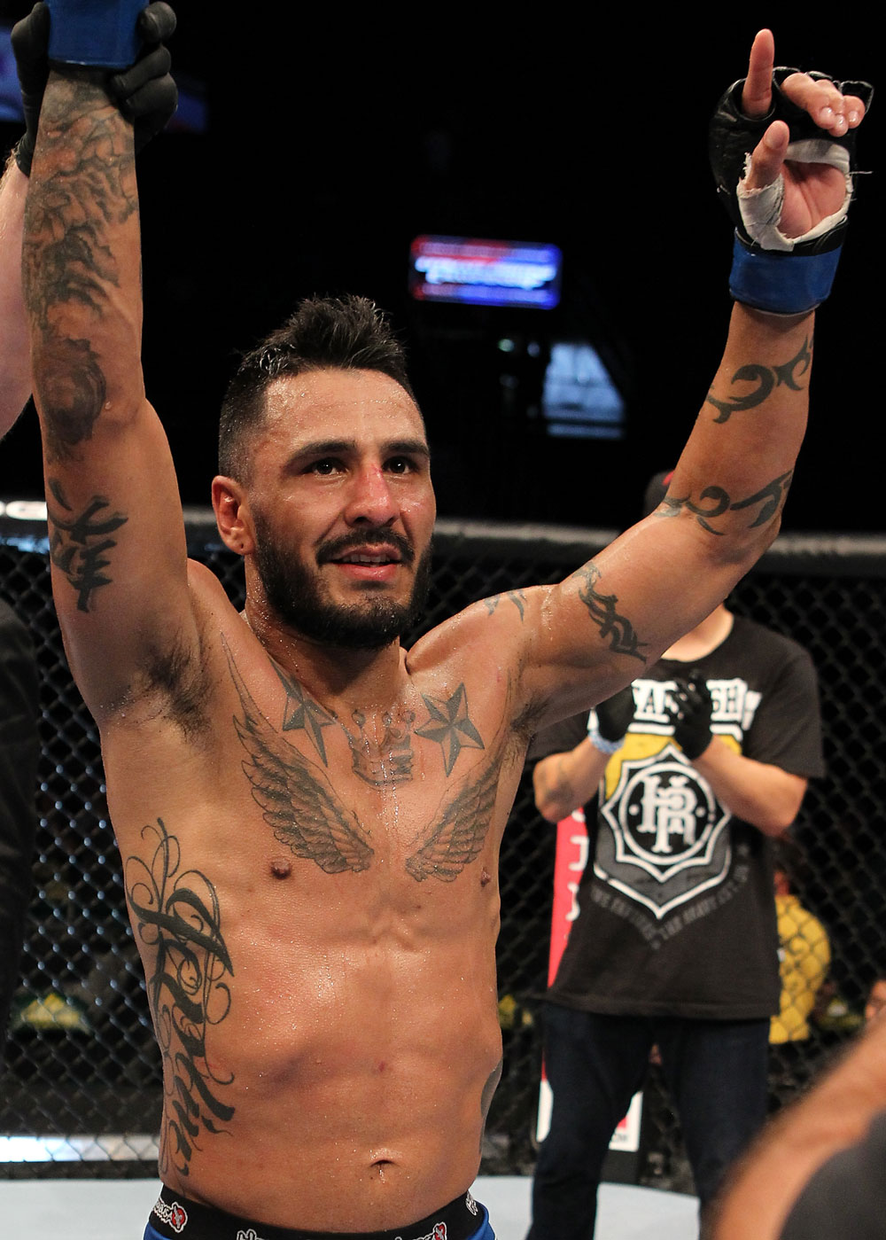 FAIRFAX, VA - MAY 15:  Francisco Rivera reacts after defeating Alex Soto in a bantamweight bout during the UFC on Fuel TV event at Patriot Center on May 15, 2012 in Fairfax, Virginia.  (Photo by Josh Hedges/Zuffa LLC/Zuffa LLC via Getty Images)