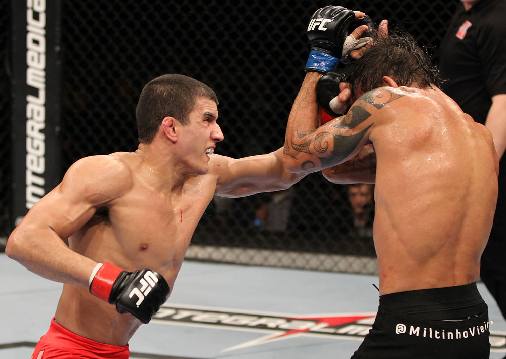 BELO HORIZONTE, BRAZIL - JUNE 23: (L-R) Felipe Arantes lands a left to the head of Milton Vieira during their UFC 147 featherweight bout at Estadio Jornalista Felipe Drummond on June 23, 2012 in Belo Horizonte, Brazil. (Photo by Josh Hedges/Zuffa LLC/Zuffa LLC via Getty Images)