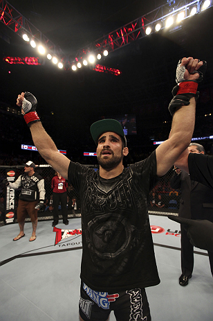 CALGARY, CANADA - JULY 21:  Antonio Carvalho celebrates after defeating Daniel Pineda by knockout during their featherweight bout at UFC 149 inside the Scotiabank Saddledome on July 21, 2012 in Calgary, Alberta, Canada.  (Photo by Nick Laham/Zuffa LLC/Zuffa LLC via Getty Images)
