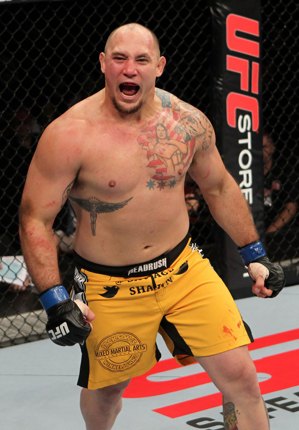 SYDNEY, AUSTRALIA - MARCH 03: Shawn Jordan reacts after a series of punches during his bout against Oli Thompson during the UFC on FX event at Allphones Arena on March 3, 2012 in Sydney, Australia. (Photo by Josh Hedges/Zuffa LLC/Zuffa LLC via Getty Images) *** Local Caption *** Shawn Jordan