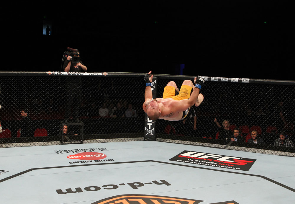 SYDNEY, AUSTRALIA - MARCH 03: Shawn Jordan performs a back flip after knocking out Oli Thompson in a heavyweight bout during the UFC on FX event at Allphones Arena on March 3, 2012 in Sydney, Australia. (Photo by Josh Hedges/Zuffa LLC/Zuffa LLC via Getty Images) *** Local Caption *** Shawn Jordan