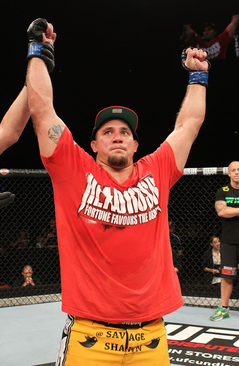 Shawn Jordan reacts after knocking out Oli Thompson in a heavyweight bout during the UFC on FX event at Allphones Arena on March 3, 2012 in Sydney, Australia. (Photo by Josh Hedges/Zuffa LLC/Zuffa LLC via Getty Images)