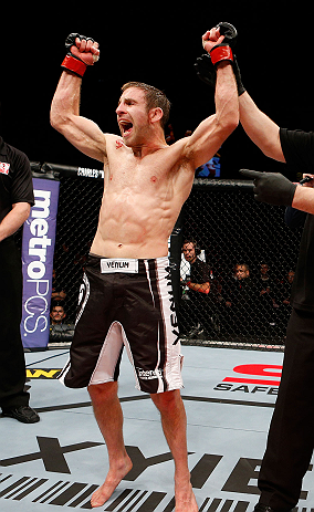 LONDON, ENGLAND - FEBRUARY 16: Phil Harris reacts after defeating Ulysses Gomez in their flyweight fight during the UFC on Fuel TV event on February 16, 2013 at Wembley Arena in London, England. (Photo by Josh Hedges/Zuffa LLC/Zuffa LLC via Getty Images)