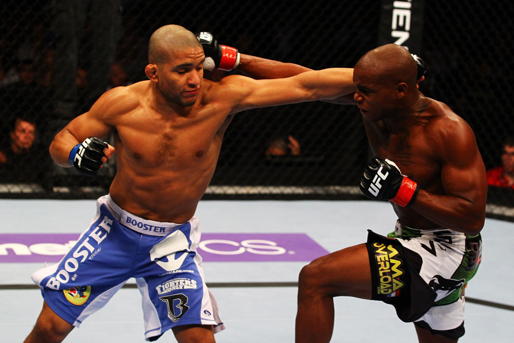 ATLANTA, GA - APRIL 21:  Marcus Brimage (R) and Maximo Blanco exchange blows during their featherweight bout for UFC 145 at Philips Arena on April 21, 2012 in Atlanta, Georgia.  (Photo by Al Bello/Zuffa LLC/Zuffa LLC via Getty Images)