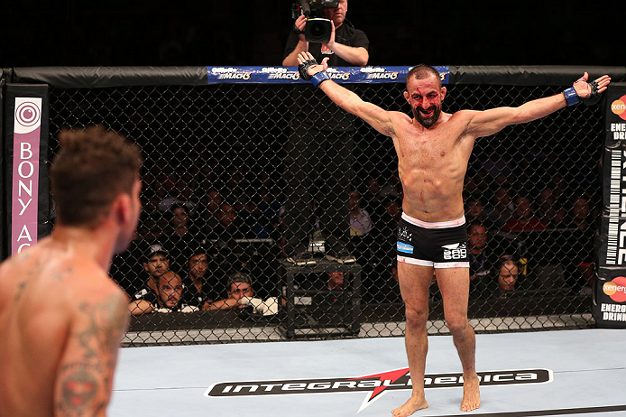 RIO DE JANEIRO, BRAZIL - OCTOBER 13:  (R-L) Reza Madadi taunts Cristiano Marcello during their lightweight fight at UFC 153 inside HSBC Arena on October 13, 2012 in Rio de Janeiro, Brazil.  (Photo by Josh Hedges/Zuffa LLC/Zuffa LLC via Getty Images)