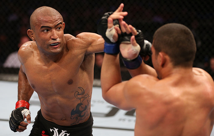 RIO DE JANEIRO, BRAZIL - OCTOBER 13:  (L-R) Sergio Moraes punches Renee Forte during their welterweight fight at UFC 153 inside HSBC Arena on October 13, 2012 in Rio de Janeiro, Brazil.  (Photo by Josh Hedges/Zuffa LLC/Zuffa LLC via Getty Images)