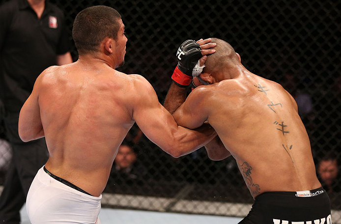 RIO DE JANEIRO, BRAZIL - OCTOBER 13:  (L-R) Renee Forte punches Sergio Moraes during their welterweight fight at UFC 153 inside HSBC Arena on October 13, 2012 in Rio de Janeiro, Brazil.  (Photo by Josh Hedges/Zuffa LLC/Zuffa LLC via Getty Images)