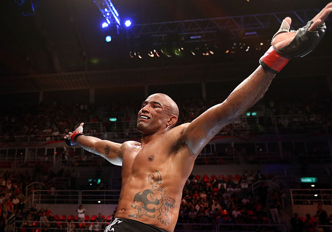 RIO DE JANEIRO, BRAZIL - OCTOBER 13:  Sergio Moraes reacts after defeating Renee Forte during their welterweight fight at UFC 153 inside HSBC Arena on October 13, 2012 in Rio de Janeiro, Brazil.  (Photo by Josh Hedges/Zuffa LLC/Zuffa LLC via Getty Images)