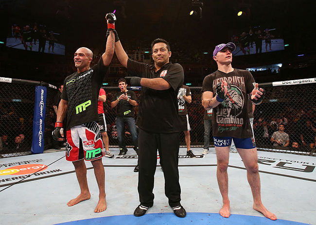 RIO DE JANEIRO, BRAZIL - OCTOBER 13:  Diego Brandao (L) reacts after defeating Joey Gambino during their featherweight fight at UFC 153 inside HSBC Arena on October 13, 2012 in Rio de Janeiro, Brazil.  (Photo by Josh Hedges/Zuffa LLC/Zuffa LLC via Getty Images)