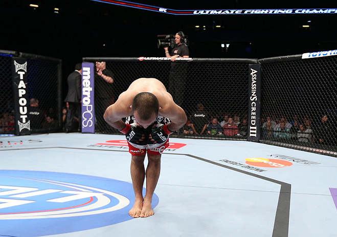 MINNEAPOLIS, MN - OCTOBER 05: Darren Uyenoyama reacts after defeating Phil Harris during their flyweight fight at the UFC on FX event at Target Center on October 5, 2012 in Minneapolis, Minnesota. (Photo by Josh Hedges/Zuffa LLC/Zuffa LLC via Getty Images)