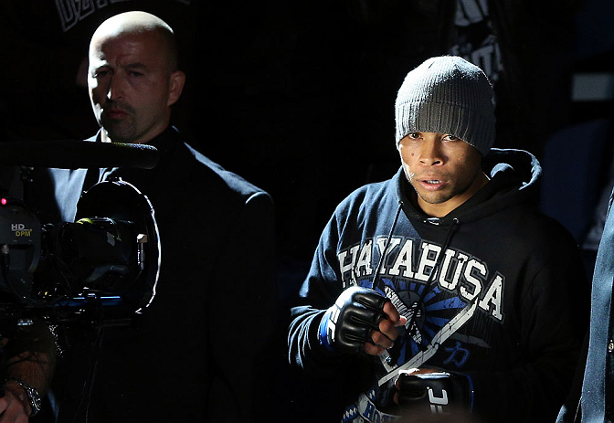 NOTTINGHAM, ENGLAND - SEPTEMBER 29: Robbie Peralta enters the arena before his featherweight fight against Jason Young at the UFC on Fuel TV event at Capital FM Arena on September 29, 2012 in Nottingham, England. (Photo by Josh Hedges/Zuffa LLC/Zuffa LLC via Getty Images)