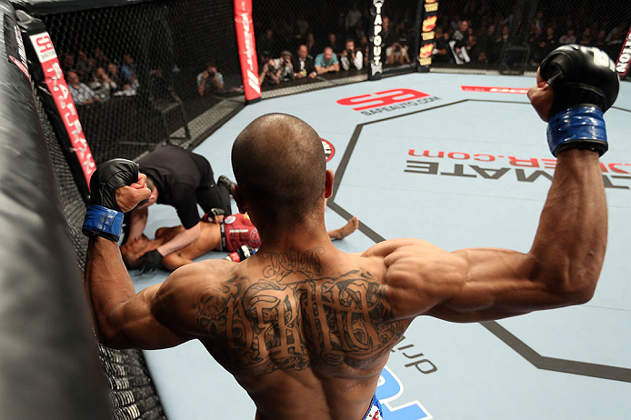 NOTTINGHAM, ENGLAND - SEPTEMBER 29: Robbie Peralta reacts after knocking out Jason Young during their featherweight fight at the UFC on Fuel TV event at Capital FM Arena on September 29, 2012 in Nottingham, England. (Photo by Josh Hedges/Zuffa LLC/Zuffa LLC via Getty Images) *** BESTPIX ***