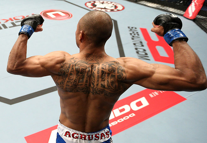NOTTINGHAM, ENGLAND - SEPTEMBER 29: Robbie Peralta reacts after knocking out Jason Young during their featherweight fight at the UFC on Fuel TV event at Capital FM Arena on September 29, 2012 in Nottingham, England. (Photo by Josh Hedges/Zuffa LLC/Zuffa LLC via Getty Images)