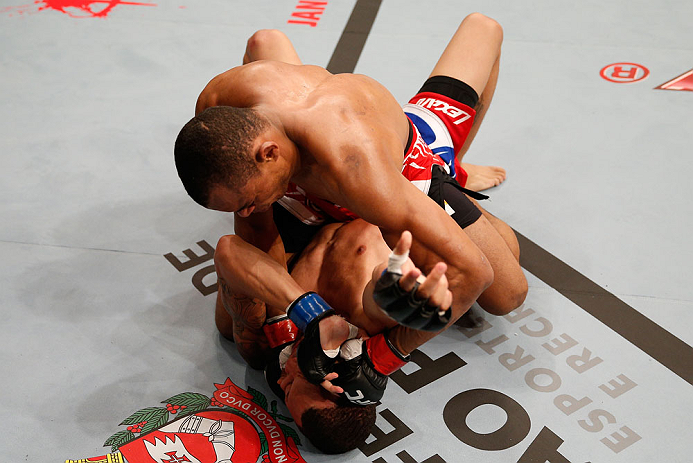 SAO PAULO, BRAZIL - JANUARY 19: Francisco Trinaldo (top) punches C.J. Keith in their lightweight fight at the UFC on FX event on January 19, 2013 at Ibirapuera Gymnasium in Sao Paulo, Brazil. (Photo by Josh Hedges/Zuffa LLC/Zuffa LLC via Getty Images)