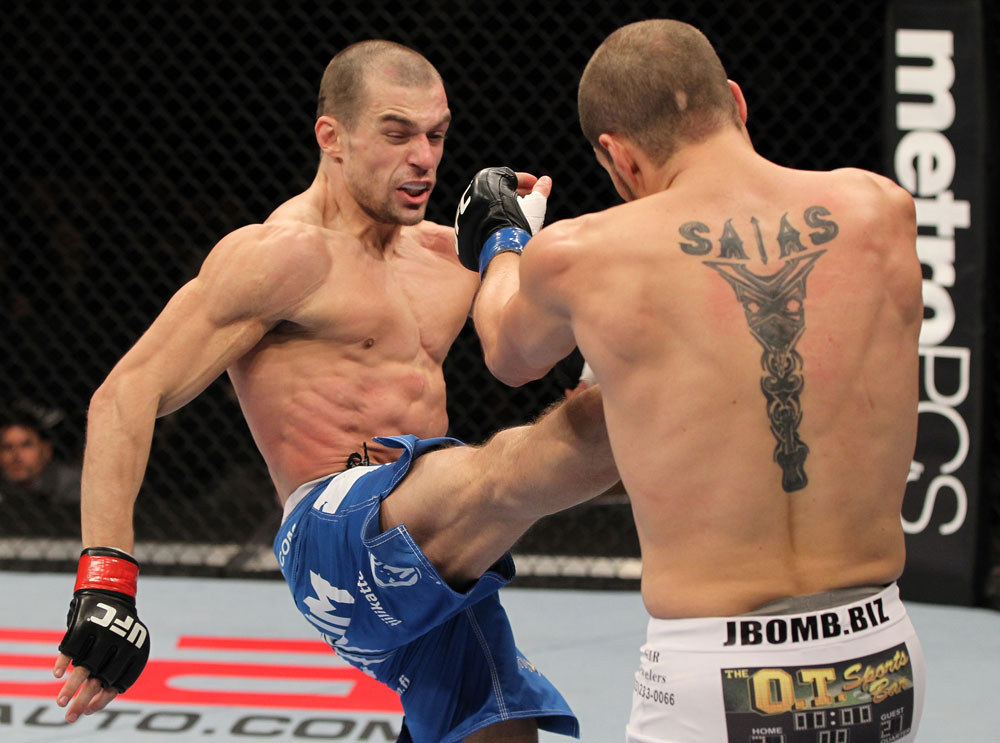 OMAHA, NE - FEBRUARY 15: (L-R) Anton Kuivanen kicks Justin Salas during the UFC on FUEL TV event at Omaha Civic Auditorium on February 15, 2012 in Omaha, Nebraska. (Photo by Josh Hedges/Zuffa LLC/Zuffa LLC via Getty Images) *** Local Caption *** Anton Kuivanen; Justin Salas