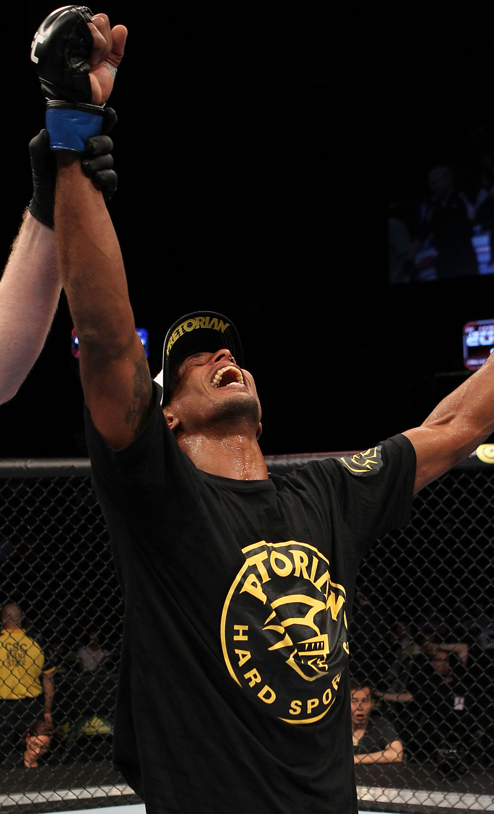 FAIRFAX, VA - MAY 15:  Johnny Eduardo reacts after defeating Jeff Curran in a bantamweight bout during the UFC on Fuel TV event at Patriot Center on May 15, 2012 in Fairfax, Virginia.  (Photo by Josh Hedges/Zuffa LLC/Zuffa LLC via Getty Images)