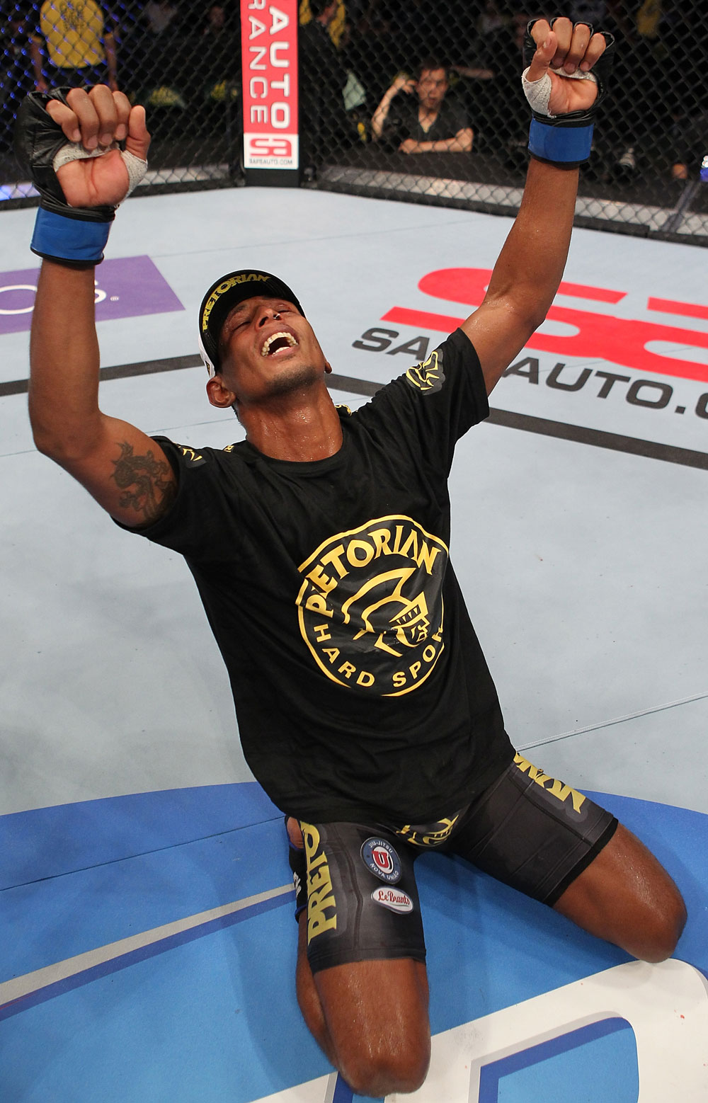 FAIRFAX, VA - MAY 15:  Johnny Eduardo reacts after defeating Jeff Curran in a bantamweight bout during the UFC on Fuel TV event at Patriot Center on May 15, 2012 in Fairfax, Virginia.  (Photo by Josh Hedges/Zuffa LLC/Zuffa LLC via Getty Images)