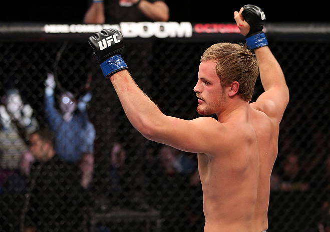 NOTTINGHAM, ENGLAND - SEPTEMBER 29: Gunnar Nelson reacts after defeating DaMarques Johnson during their catchweight fight at the UFC on Fuel TV event at Capital FM Arena on September 29, 2012 in Nottingham, England. (Photo by Josh Hedges/Zuffa LLC/Zuffa LLC via Getty Images)