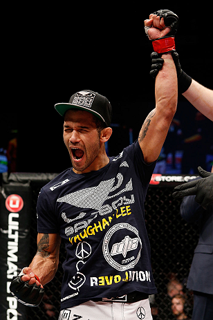 LONDON, ENGLAND - FEBRUARY 16: Vaughan Lee reacts after defeating Motonobu Tezuka in their bantamweight fight during the UFC on Fuel TV event on February 16, 2013 at Wembley Arena in London, England. (Photo by Josh Hedges/Zuffa LLC/Zuffa LLC via Getty Images)