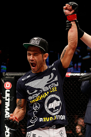 LONDON, ENGLAND - FEBRUARY 16: Vaughan Lee reacts after defeating Motonobu Tezuka in their bantamweight fight during the UFC on Fuel TV event on February 16, 2013 at Wembley Arena in London, England. (Photo by Josh Hedges/Zuffa LLC/Zuffa LLC via Getty Images)