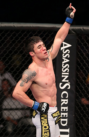 MINNEAPOLIS, MN - OCTOBER 05: Diego Nunes reacts after his featherweight fight against Bart Palaszewski at the UFC on FX event at Target Center on October 5, 2012 in Minneapolis, Minnesota. (Photo by Josh Hedges/Zuffa LLC/Zuffa LLC via Getty Images)