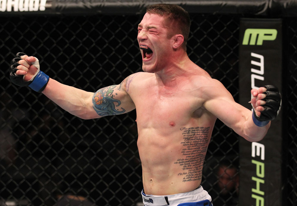 TORONTO, ON - DECEMBER 10:  Jake Hecht reacts after defeating Rich Attonito by TKO during the UFC 140 event at Air Canada Centre on December 10, 2011 in Toronto, Ontario, Canada.  (Photo by Nick Laham/Zuffa LLC/Zuffa LLC via Getty Images)